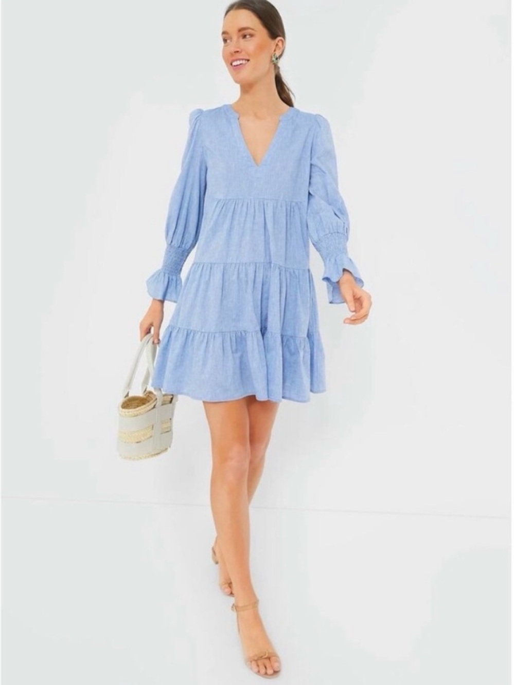 Pomander Place Chambray Tiered Babydoll Dress NWT Cotton Size Medium